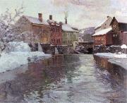 Frits Thaulow snow covered buildings by a river oil painting on canvas